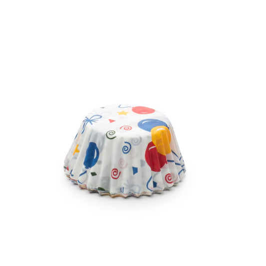 Stack of white mini baking cups printed with colorful balloons, streamers, stars, and confetti