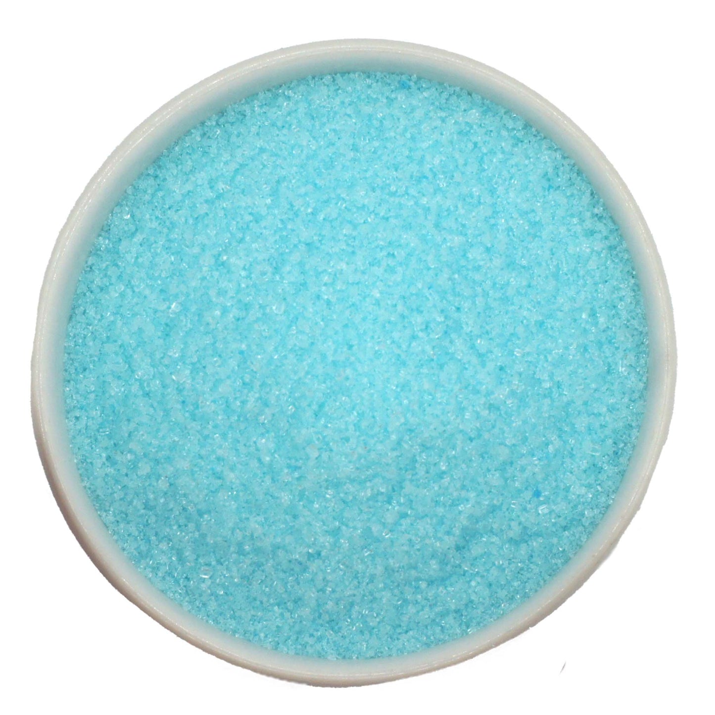 Pastel blue sanding sugar in a plastic tub, featuring soft sky-blue crystals with a subtle shimmer.