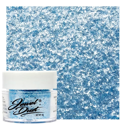 pastel blue Jewel Dust edible glitter jar with icy shimmer swatch for cakes, cupcakes, drinks, and dessert decorating.