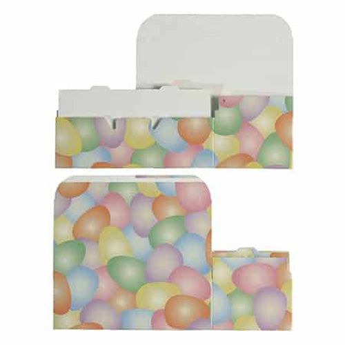 Flat and folded views of a pastel eggs printed candy box showing the lid and base pieces laid out on a white background.