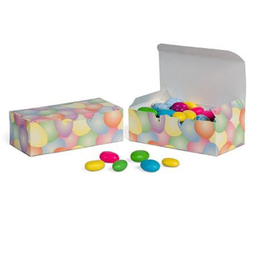 Two pastel eggs patterned 1/2 pound candy boxes, one open and filled with colorful candy pieces, shown on a white background.