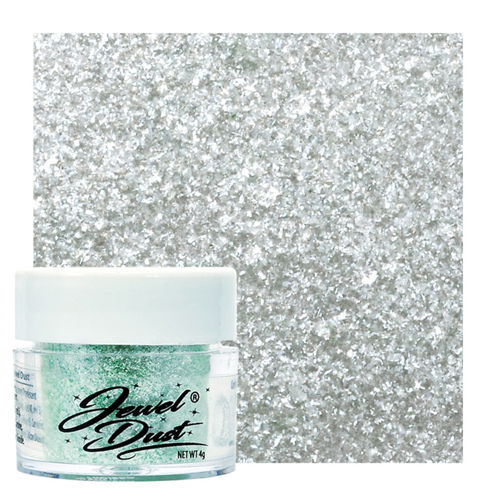 pastel green Dust edible glitter jar with bright metallic sparkle swatch for cakes, cupcakes, cookies, and desserts.