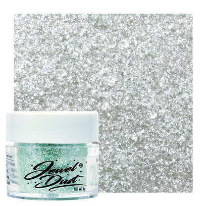 pastel green Dust edible glitter jar with bright metallic sparkle swatch for cakes, cupcakes, cookies, and desserts.