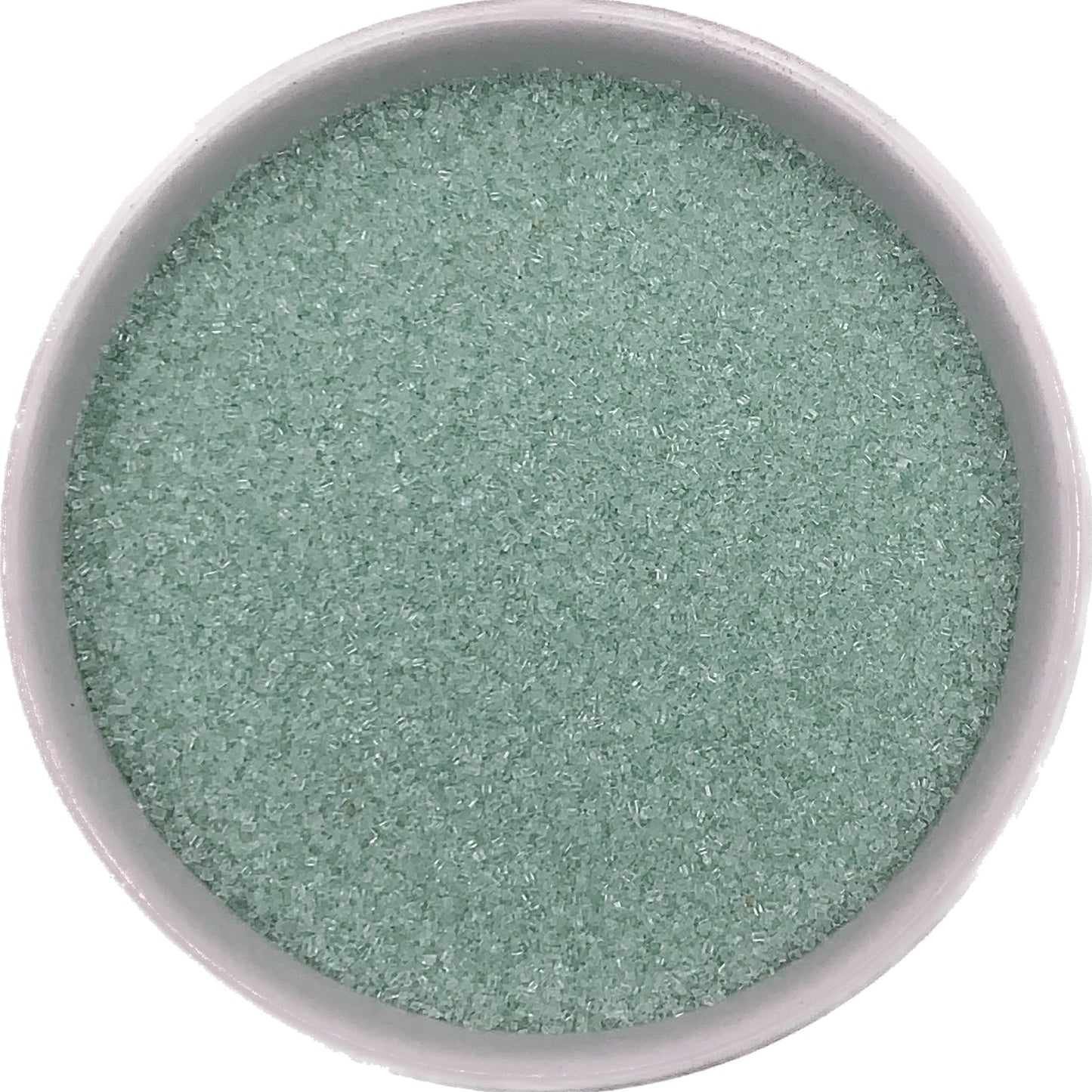 Bowl of pastel green sanding sugar for decorating baked goods.