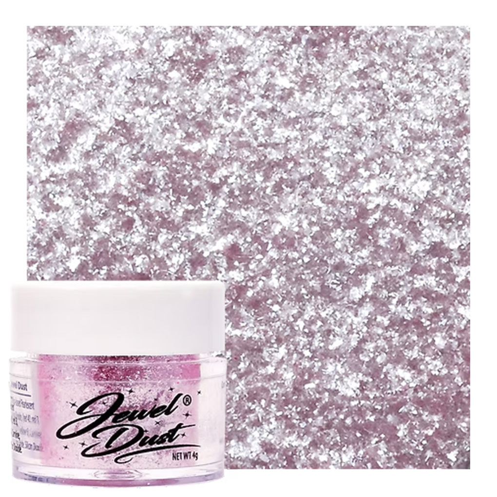 Soft pink Jewel Dust edible glitter jar with silver sparkle swatch for cakes, cupcakes, cookies, and sweets.