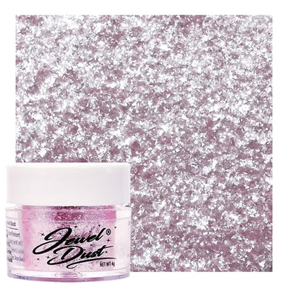 Soft pink Jewel Dust edible glitter jar with silver sparkle swatch for cakes, cupcakes, cookies, and sweets.