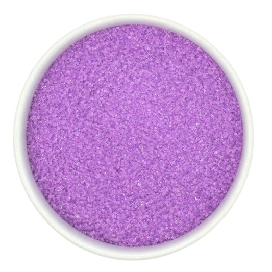 Pastel purple fine sanding sugar close-up, soft lavender-toned crystals with a light-reflecting finish.