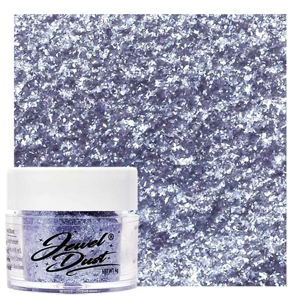 Pastel purple Jewel Dust edible glitter jar with violet silver shimmer swatch for cake decorating and desserts.