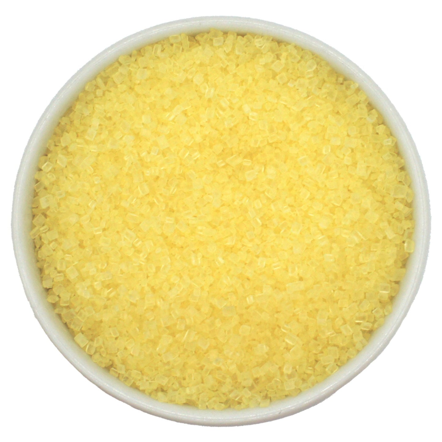 Bowl of pastel yellow coarse sanding sugar crystals on a white background.