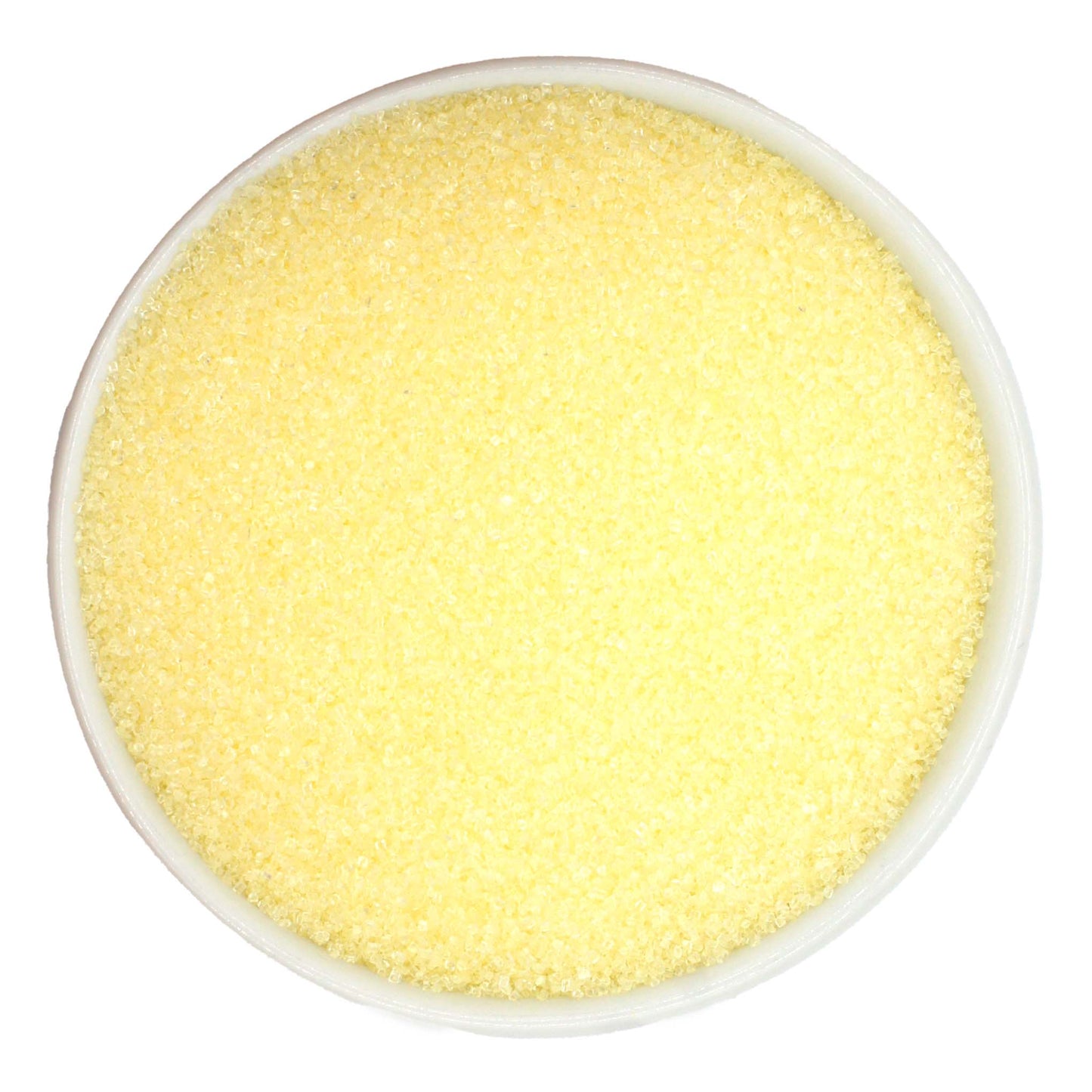 Pastel yellow sanding sugar in a tub, delicate lemon-colored crystals for spring and Easter desserts.