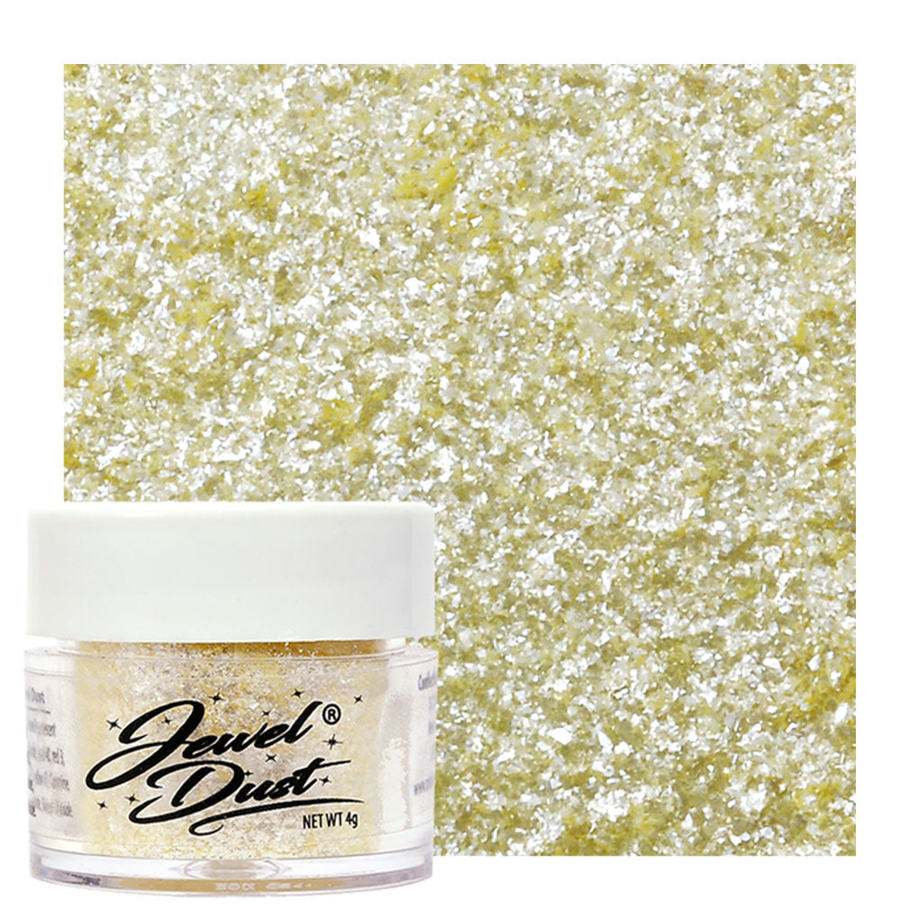 pastel yellow Jewel Dust edible glitter jar with pale yellow shimmer swatch for cakes, cupcakes, and cookies.