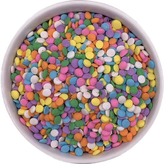 4-ounce jar of pastel sequin sprinkles in shades of pink, green, white, blue, purple, orange, and yellow, ideal for decorating birthday treats and desserts.