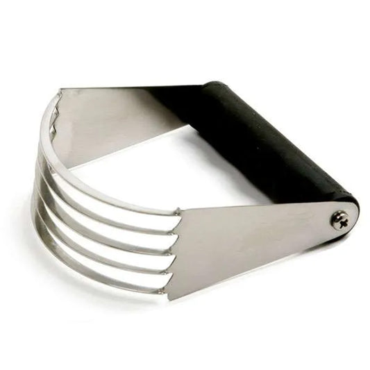 Close-up of a stainless steel pastry blender with five curved cutting blades and a black Grip-EZ handle on a white background.