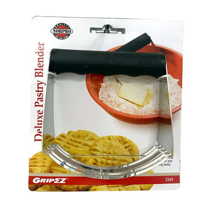 Norpro Deluxe Pastry Blender in retail packaging with a black Grip-EZ handle, five curved stainless steel blades, and baking imagery.