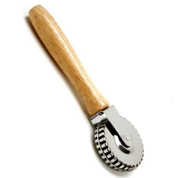 Wooden-handled pastry wheel with a fluted metal blade.