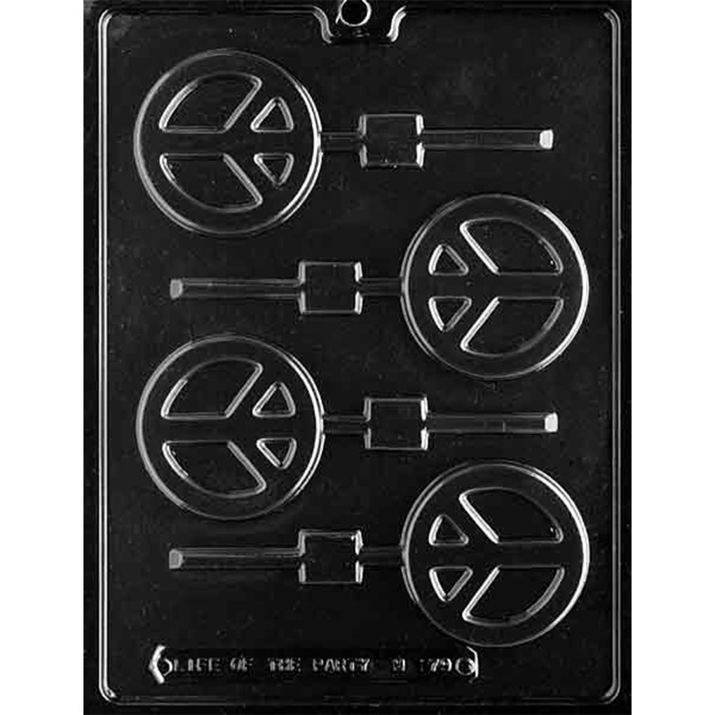 Clear plastic chocolate lollipop mold with four round peace symbol cavities, each with a raised peace sign design and built-in stick channels.