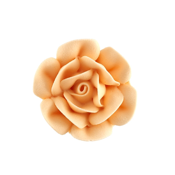 peach colored royal icing rose with layered petals, 1.75 inches in diameter