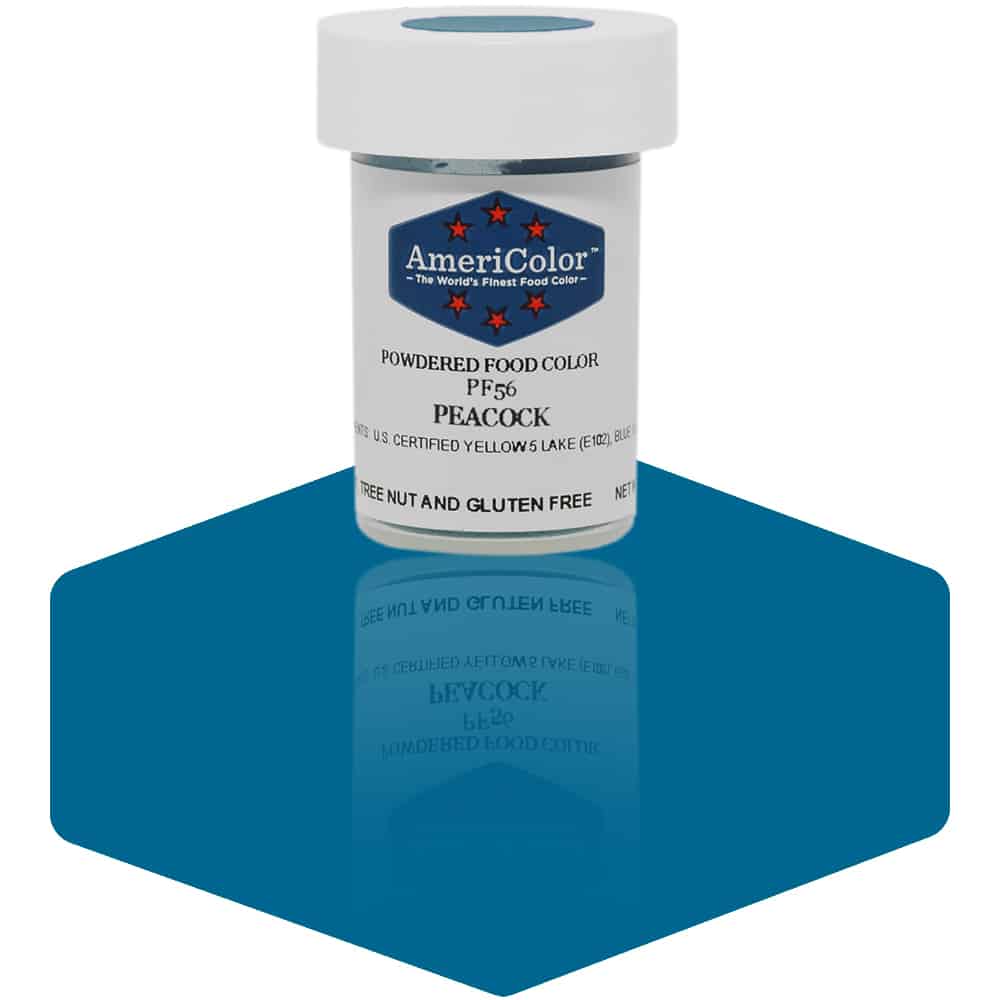 AmeriColor Peacock powdered food coloring 3 gram container with vibrant teal-blue powder for jewel-tone decorating.