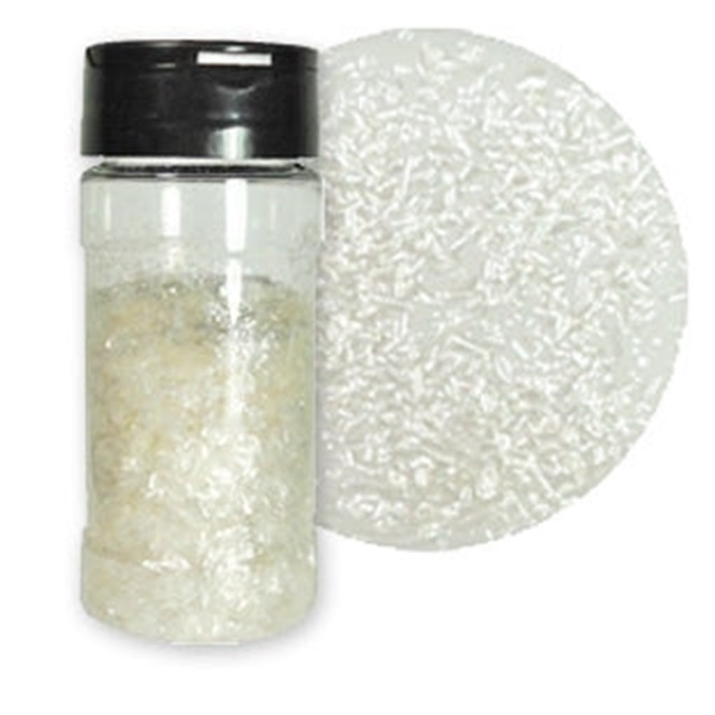 Pearl Edible Glitter Flakes in a clear container with a black lid beside a close-up showing the thin, iridescent flakes