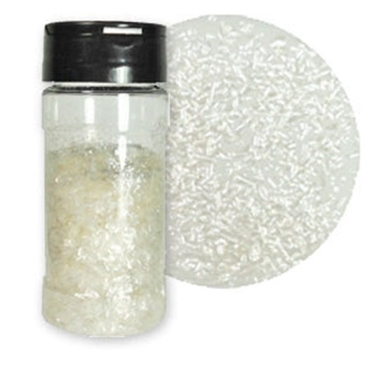 Pearl Edible Glitter Flakes in a clear container with a black lid beside a close-up showing the thin, iridescent flakes