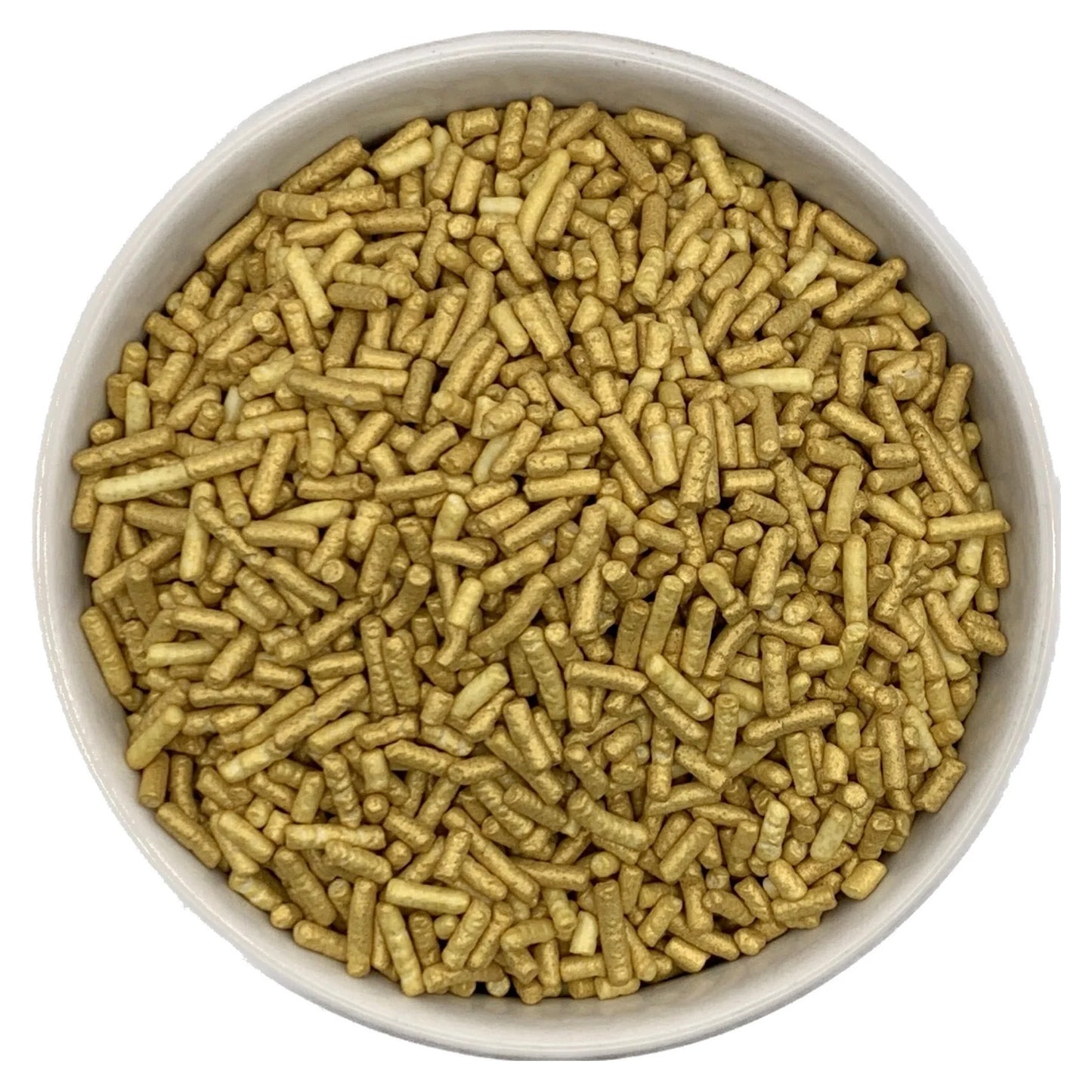 White bowl filled with pearlized gold jimmies sprinkles, showing small cylindrical pieces with a shimmering metallic finish on a white background.