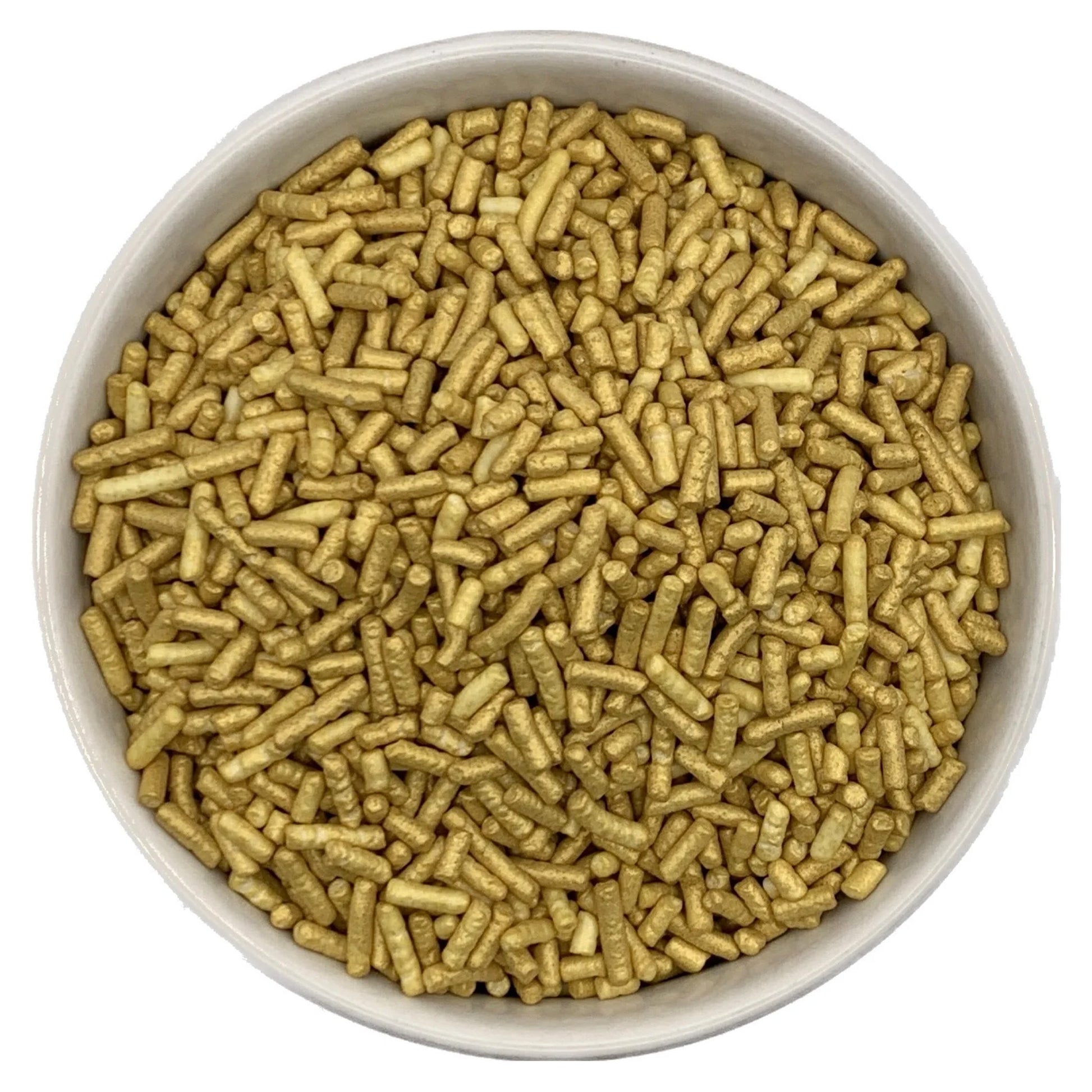 White bowl filled with pearlized gold jimmies sprinkles, showing small cylindrical pieces with a shimmering metallic finish on a white background.