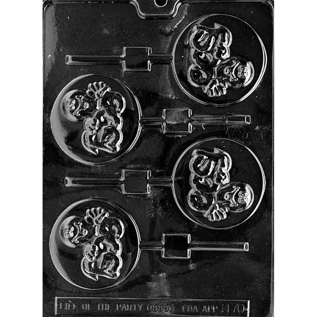 Clear Peeking Boo Ghost Chocolate Lollipop Mold photographed against a black background with 4 round cavities featuring playful ghosts peeking over the bottom edge.
