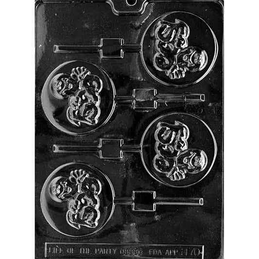 Clear Peeking Boo Ghost Chocolate Lollipop Mold photographed against a black background with 4 round cavities featuring playful ghosts peeking over the bottom edge.