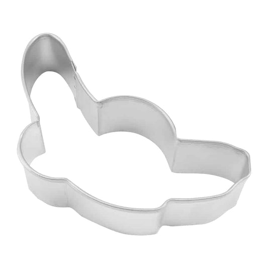 Metal peeled banana cookie cutter with curved edges and an open peel shape, front view.