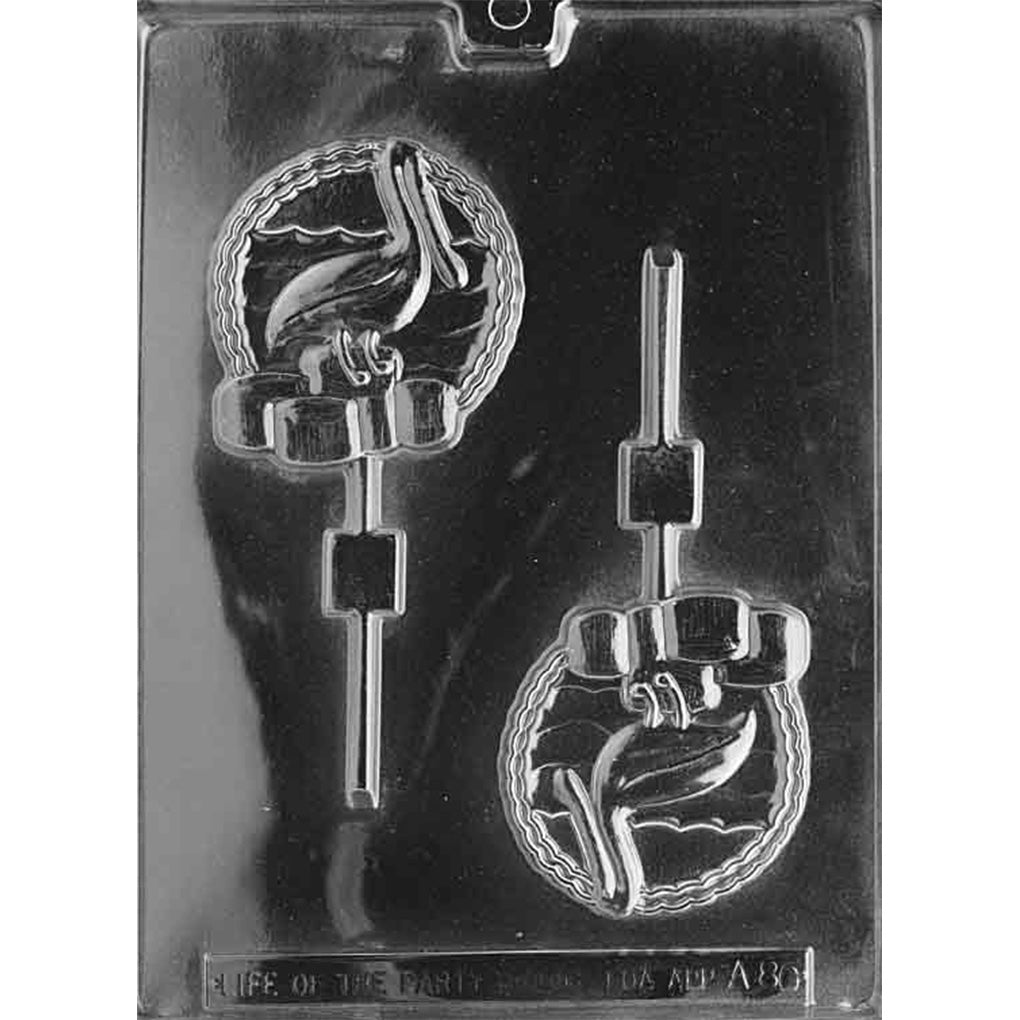 Clear plastic chocolate lollipop mold with two round pelican-on-dock cavities and stick channels, showing detailed beak and feather lines on a dark background.