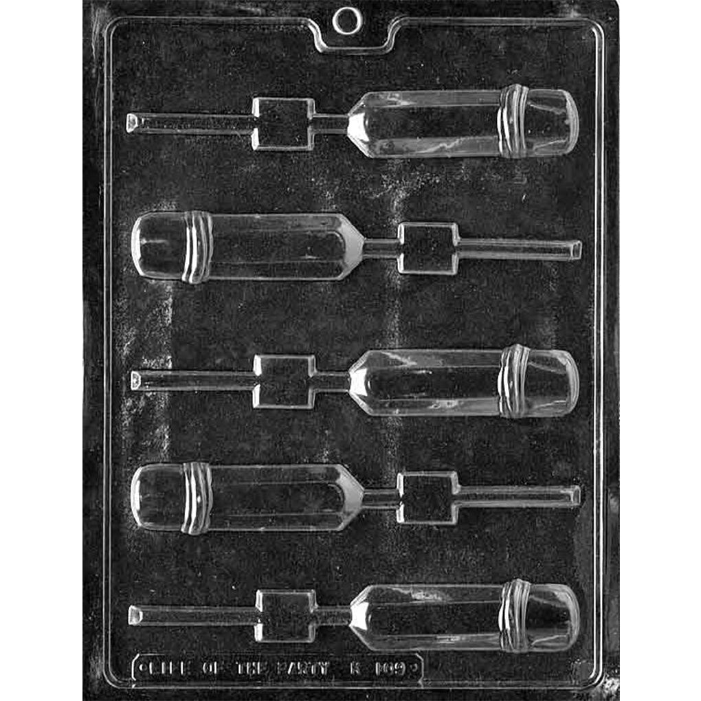 Chocolate lollipop mold with five pencil-shaped cavities featuring sharpened points, straight barrels, banded erasers, and stick channels