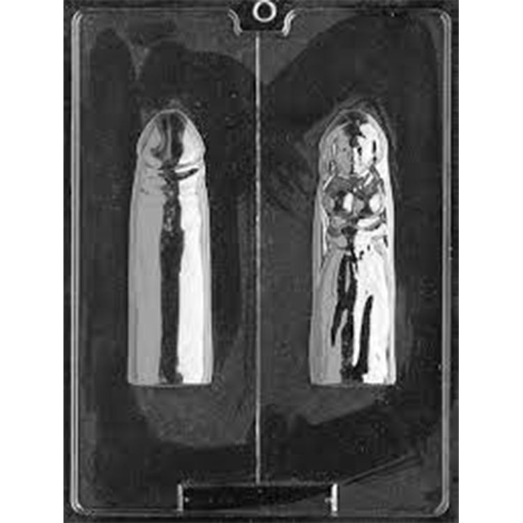 Clear two-sided 3D chocolate mold photographed against a black background, featuring a penis-shaped cavity beside a groom figure incorporated into the matching half.