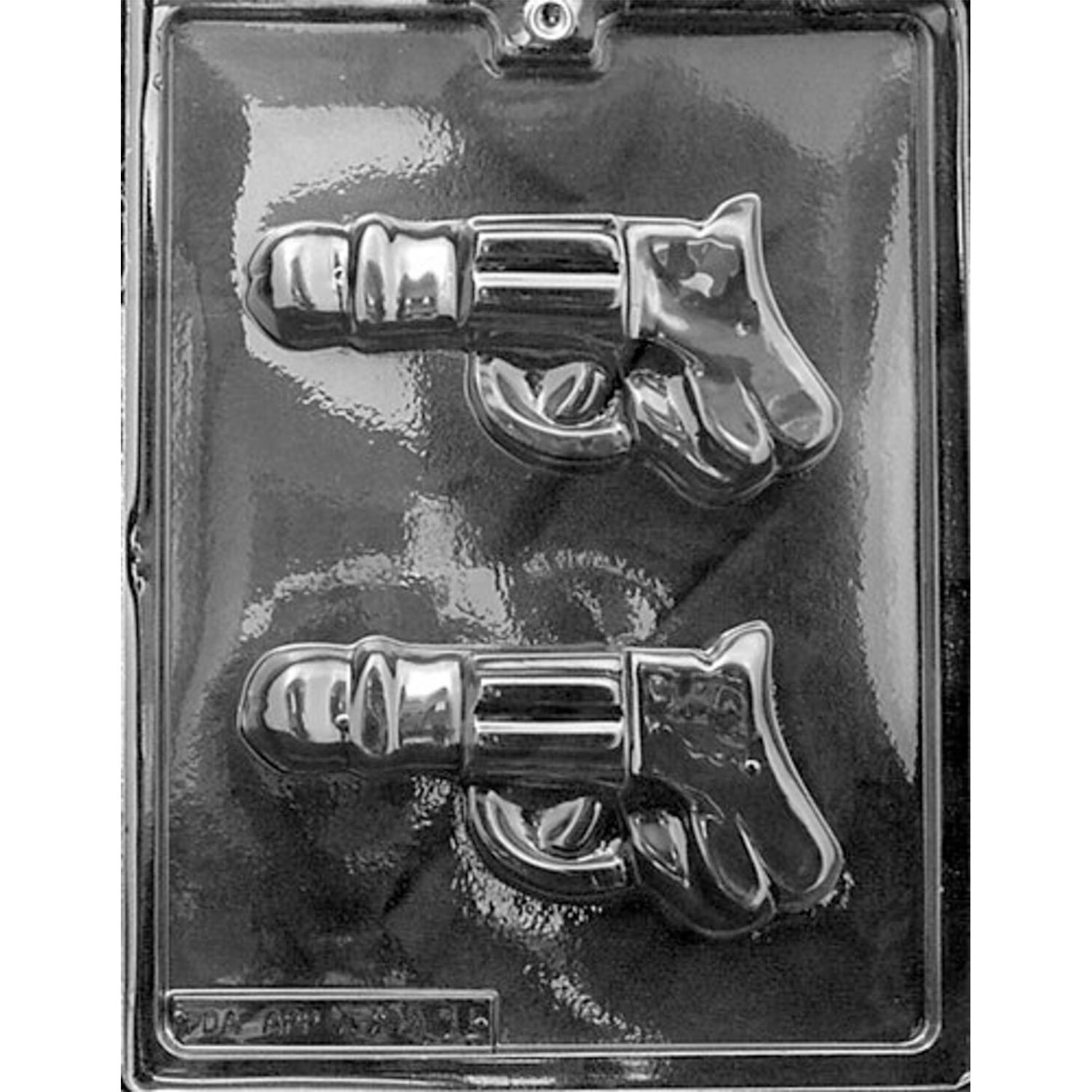 Clear plastic Penis Pistol Chocolate Mold photographed against a black background, showing two novelty pistol-shaped cavities with penis-shaped barrels and dimensional handle, trigger, and barrel details.