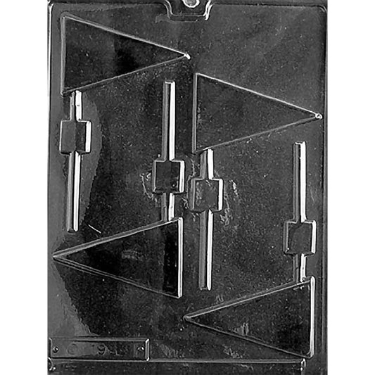 Clear chocolate lollipop mold with four smooth triangular pennant cavities and straight stick channels arranged on a dark background.