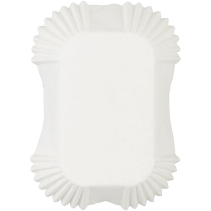 Top view of a single white petite loaf liner with pleated corners and rectangular shape.