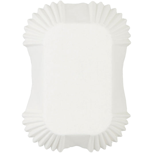 Top view of a single white petite loaf liner with pleated corners and rectangular shape.