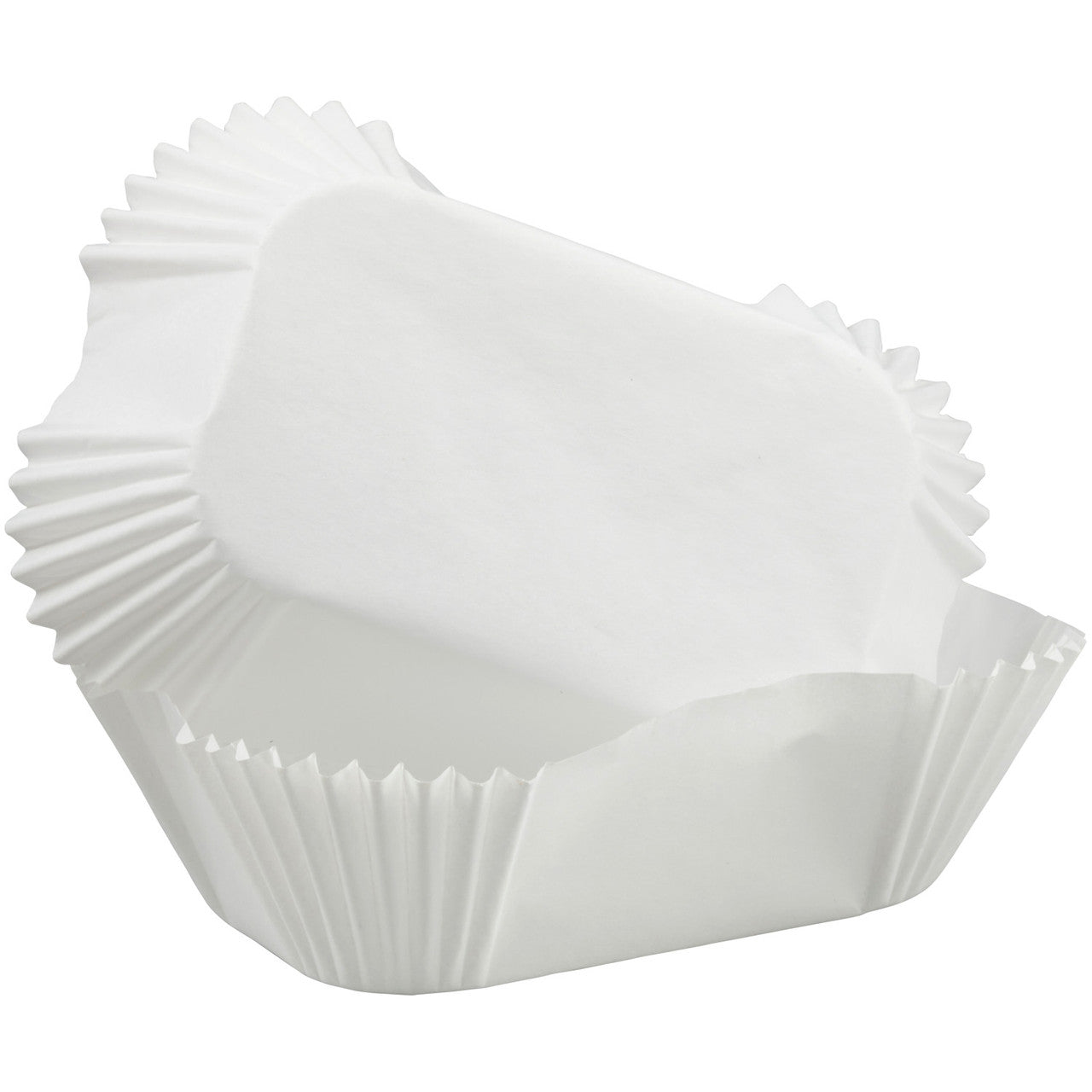 Stacked white petite loaf baking cups with pleated sides, shown from an angled view.