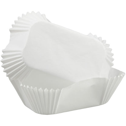 Stacked white petite loaf baking cups with pleated sides, shown from an angled view.