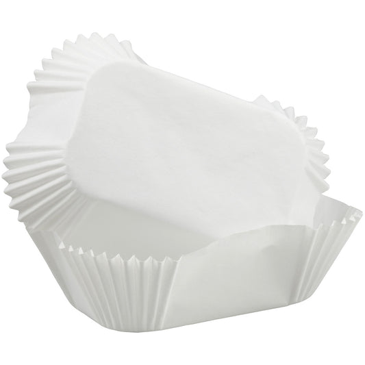 Stacked white petite loaf baking cups with pleated sides, shown from an angled view.