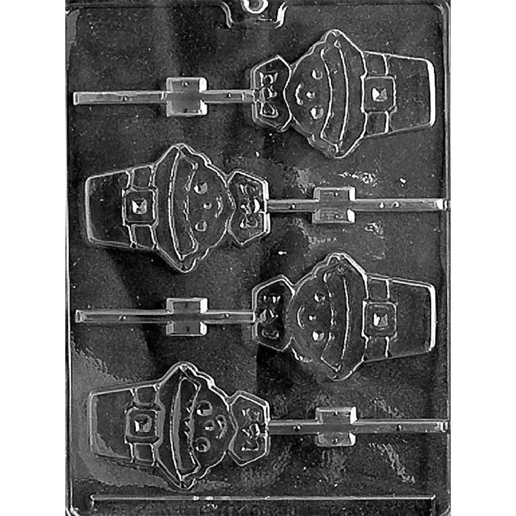 Six-cavity Pilgrim Boy chocolate lollipop mold with pilgrim hat, bow tie, and outfit details for Thanksgiving candy making.