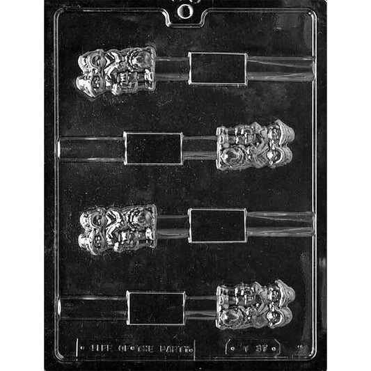Clear plastic chocolate mold with four pretzel rod cavities featuring detailed pilgrim couples in traditional clothing with a turkey at their feet.
