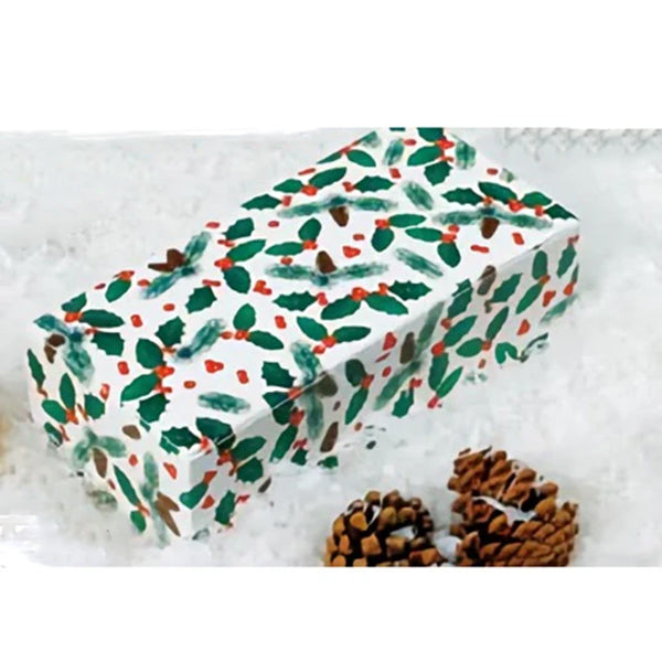 Pine cone and holly patterned 1 lb candy box with folding lid, shown closed on a snowy background with pine cones
