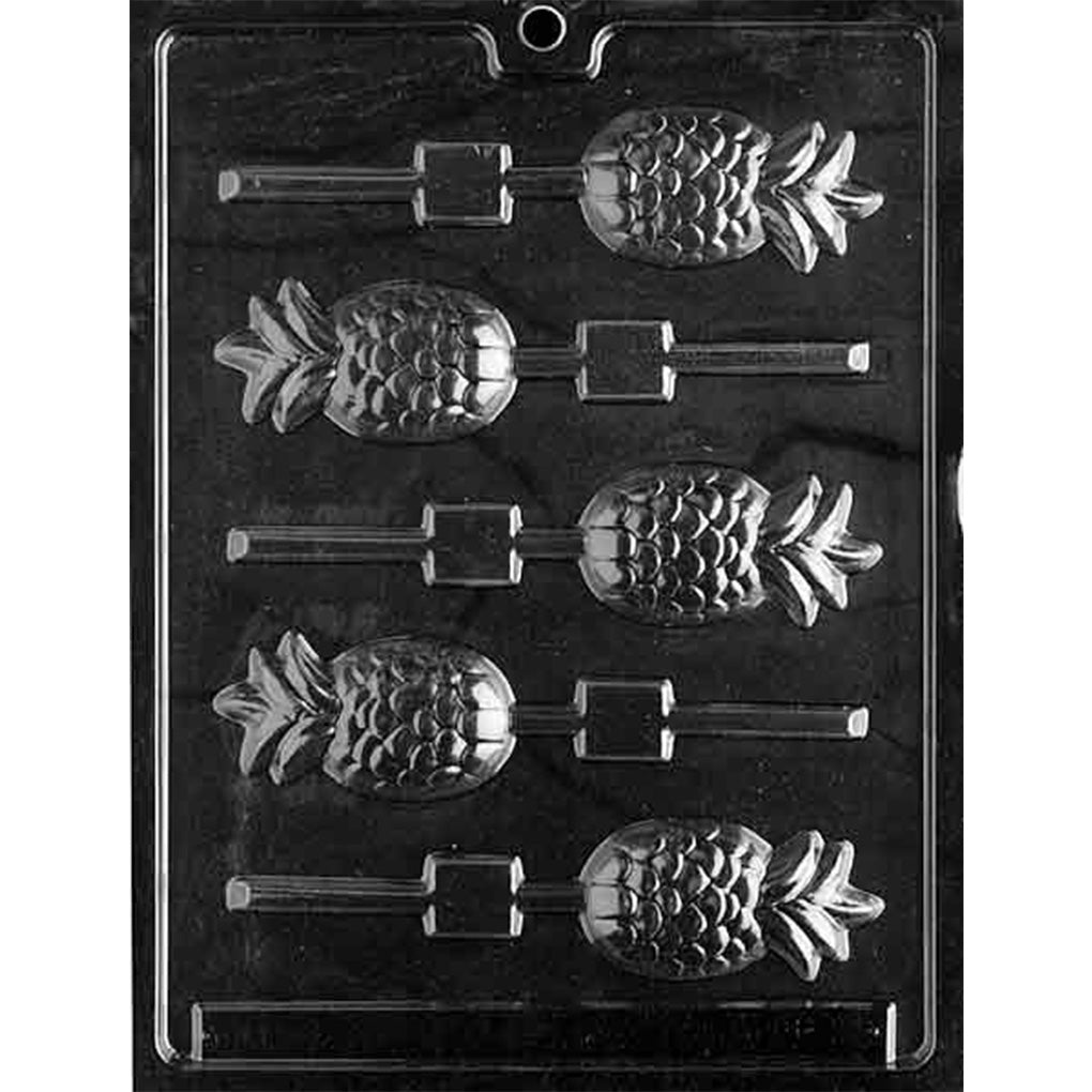 Clear pineapple chocolate lollipop mold with 5 detailed pineapple cavities and lollipop stick channels