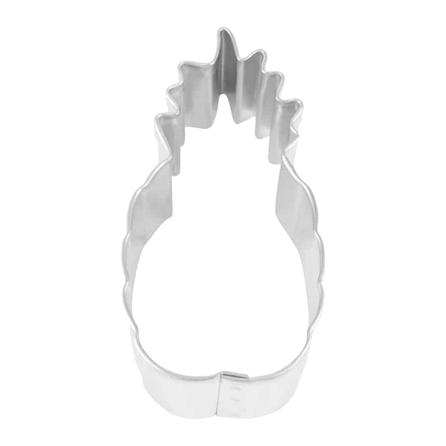 Silver pineapple-shaped cookie cutter featuring a spiky crown and scalloped edges for a tropical design.