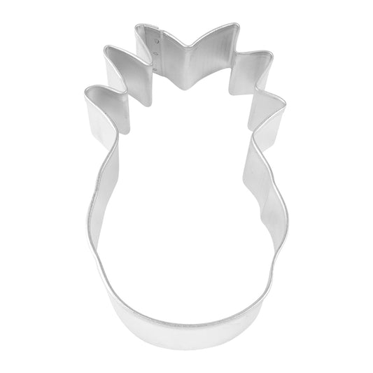 Top-down view of a pineapple-shaped metal cookie cutter with a ridged leafy crown and smooth oval body, set against a white background.