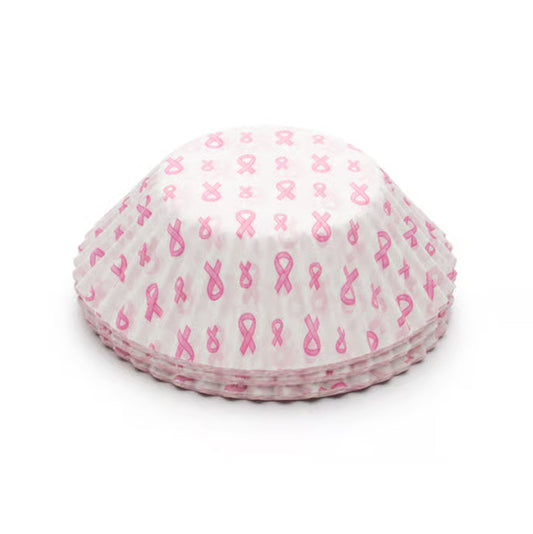 Stack of standard-size cupcake liners with pink ribbon design, 75 count, awareness-themed baking cups