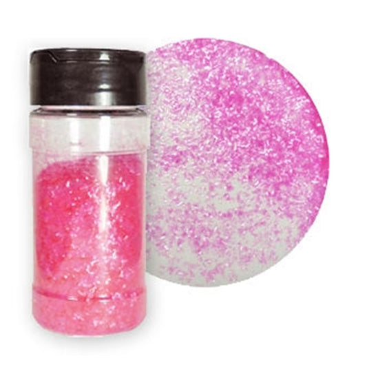 Pink Edible Glitter Flakes in a 1 oz. container with bright shimmering pink flakes for decorating cakes, cookies, cupcakes, chocolate, and drinks.