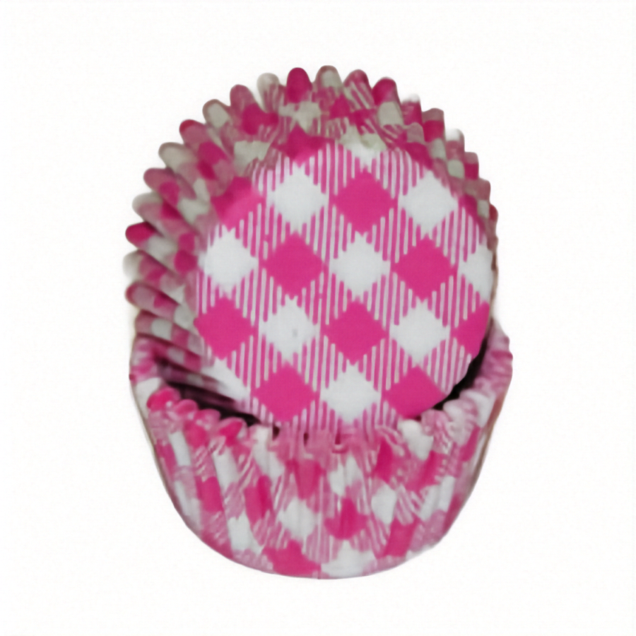 Stack of hot pink gingham mini baking cups on a white background.