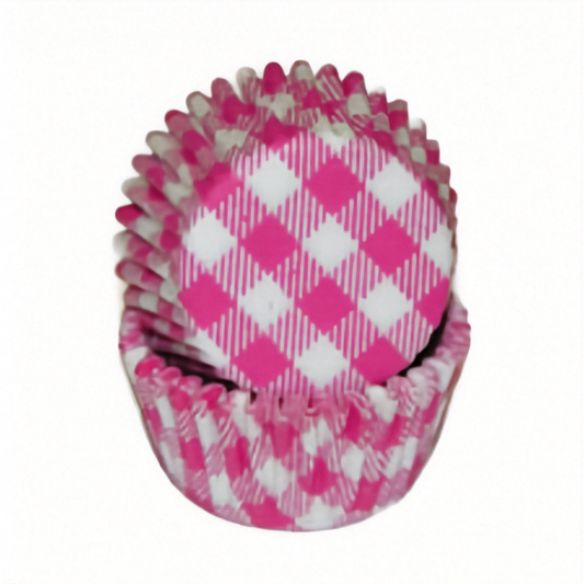 Stack of hot pink gingham mini baking cups on a white background.