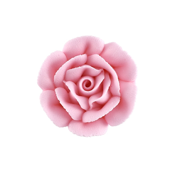 pink royal icing rose with layered petals, 1.75 inches in diameter